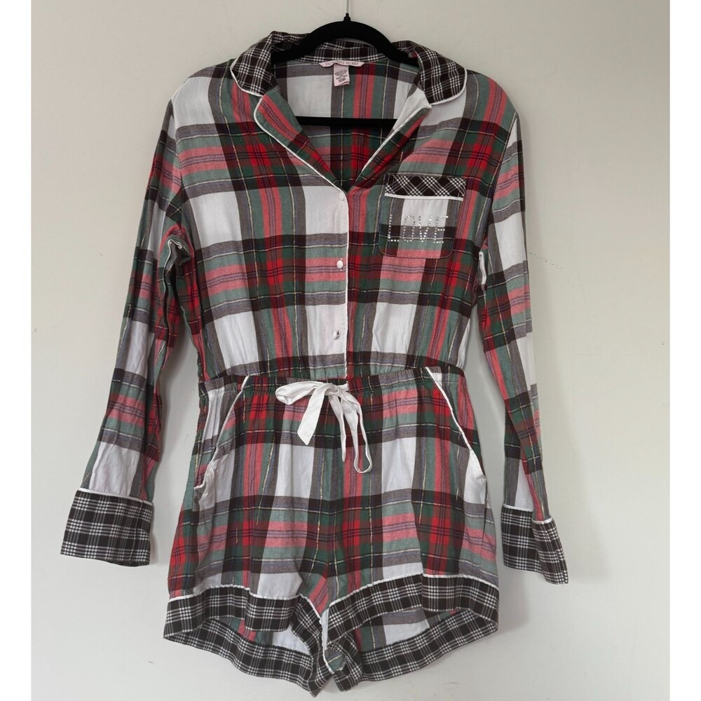 Victoria’s Secret Plaid Pajama Romper Shorts Small Cozy Button Front Sleepwear